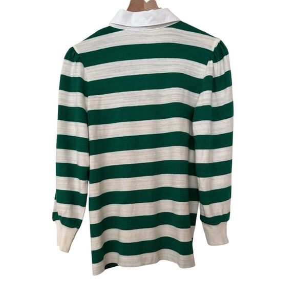 Loft Green White Striped Collared Long Sleeve Top Medium Quarter Button - Picture 9 of 9
